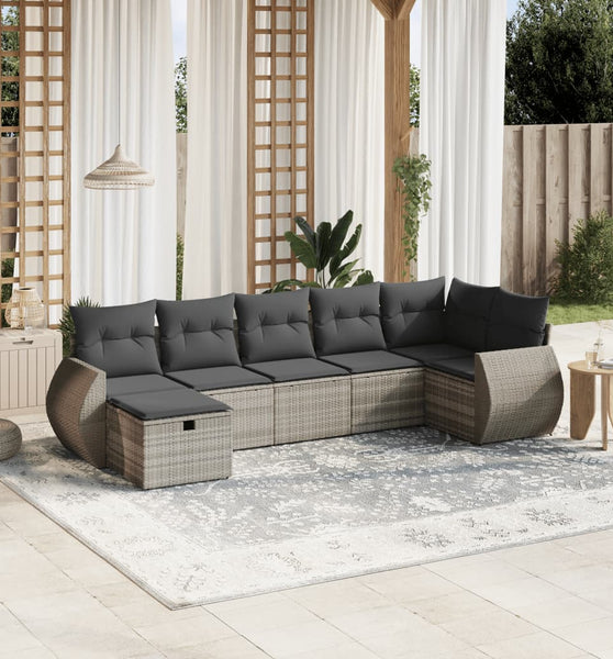 7-tlg. Garten-Sofagarnitur mit Kissen Hellgrau Poly Rattan