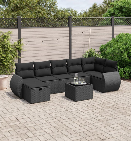 8-tlg. Garten-Sofagarnitur mit Kissen Schwarz Poly Rattan