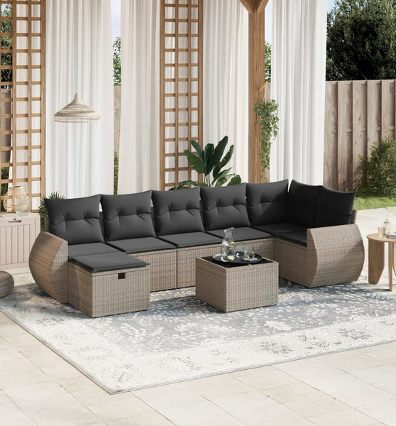 8-tlg. Garten-Sofagarnitur mit Kissen Grau Poly Rattan