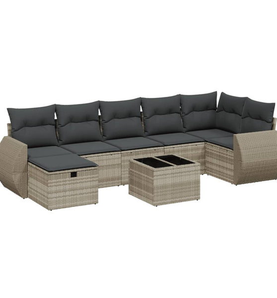8-tlg. Garten-Sofagarnitur mit Kissen Hellgrau Poly Rattan
