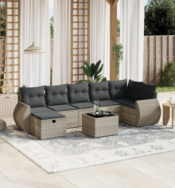 8-tlg. Garten-Sofagarnitur mit Kissen Hellgrau Poly Rattan