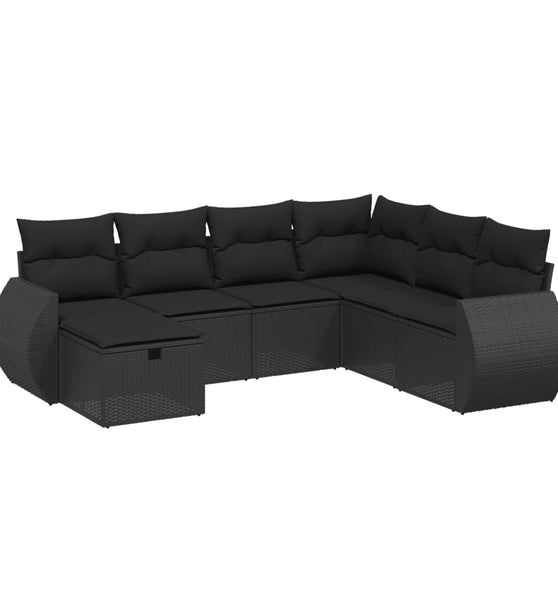 7-tlg. Garten-Sofagarnitur mit Kissen Schwarz Poly Rattan