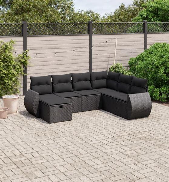 7-tlg. Garten-Sofagarnitur mit Kissen Schwarz Poly Rattan