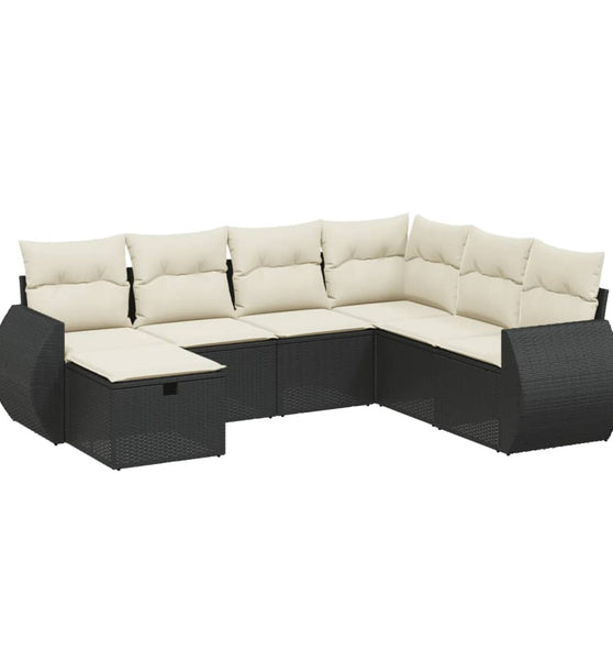 7-tlg. Garten-Sofagarnitur mit Kissen Schwarz Poly Rattan