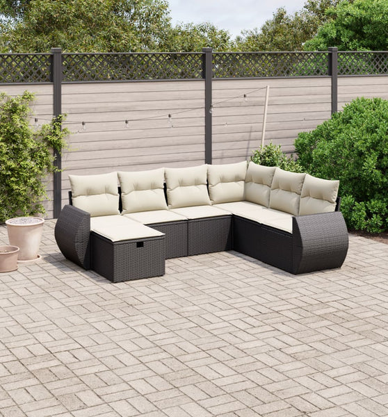7-tlg. Garten-Sofagarnitur mit Kissen Schwarz Poly Rattan