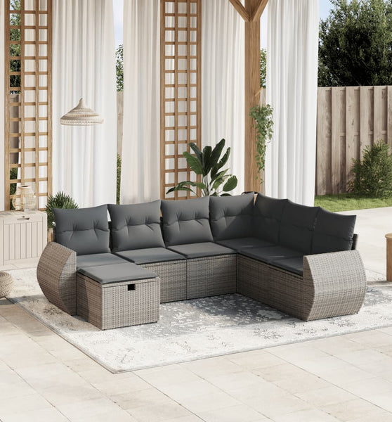 7-tlg. Garten-Sofagarnitur mit Kissen Grau Poly Rattan