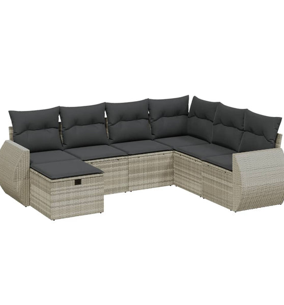 7-tlg. Garten-Sofagarnitur mit Kissen Hellgrau Poly Rattan