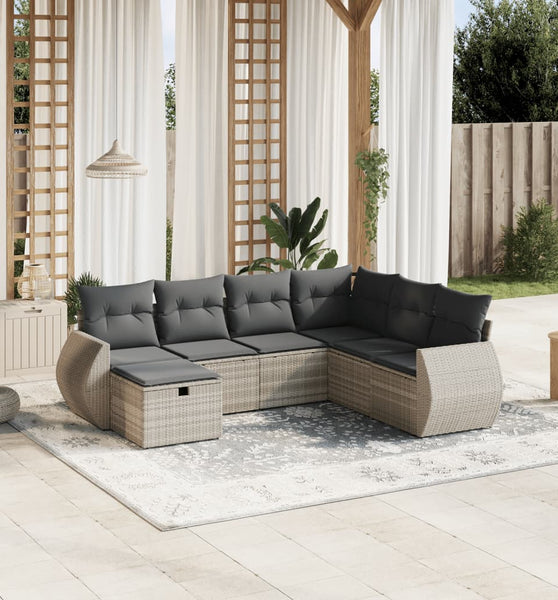 7-tlg. Garten-Sofagarnitur mit Kissen Hellgrau Poly Rattan