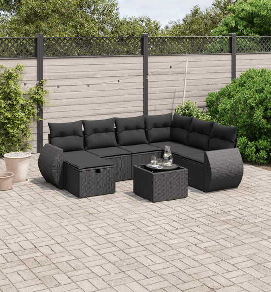 8-tlg. Garten-Sofagarnitur mit Kissen Schwarz Poly Rattan