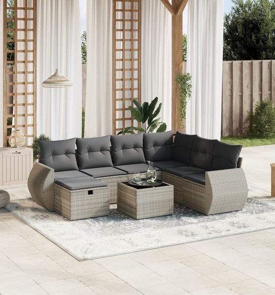 8-tlg. Garten-Sofagarnitur mit Kissen Hellgrau Poly Rattan