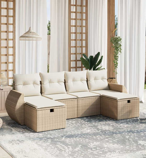 6-tlg. Garten-Sofagarnitur mit Kissen Beige Poly Rattan