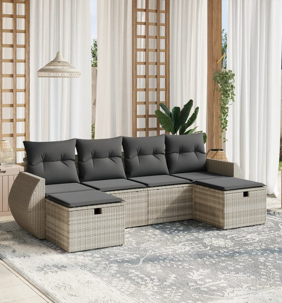 6-tlg. Garten-Sofagarnitur mit Kissen Hellgrau Poly Rattan