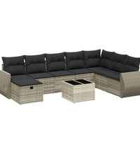 8-tlg. Garten-Sofagarnitur mit Kissen Hellgrau Poly Rattan
