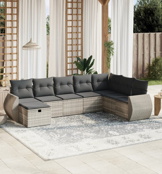 8-tlg. Garten-Sofagarnitur mit Kissen Hellgrau Poly Rattan