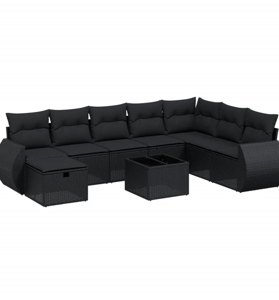 9-tlg. Garten-Sofagarnitur mit Kissen Schwarz Poly Rattan