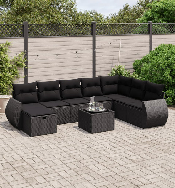 9-tlg. Garten-Sofagarnitur mit Kissen Schwarz Poly Rattan