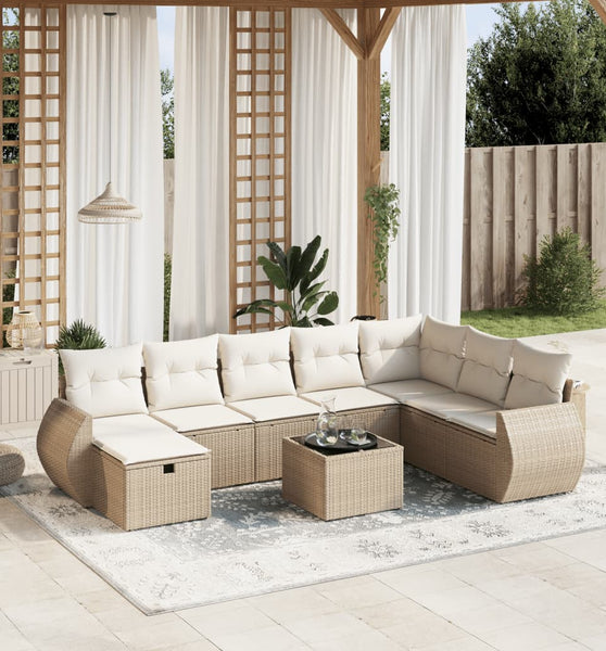 9-tlg. Garten-Sofagarnitur mit Kissen Beige Poly Rattan