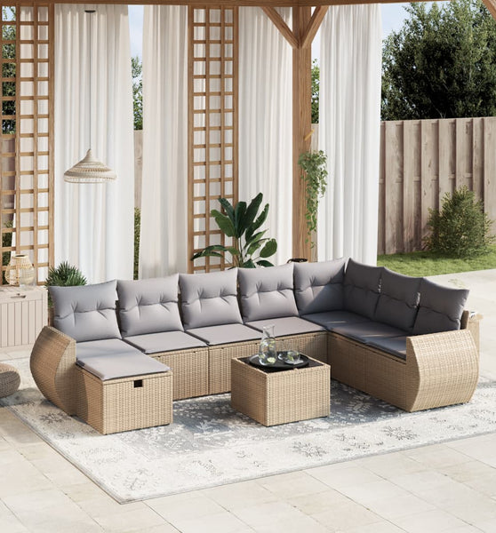 9-tlg. Garten-Sofagarnitur mit Kissen Beige Poly Rattan