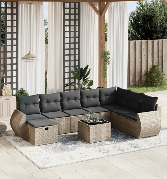 9-tlg. Garten-Sofagarnitur mit Kissen Grau Poly Rattan