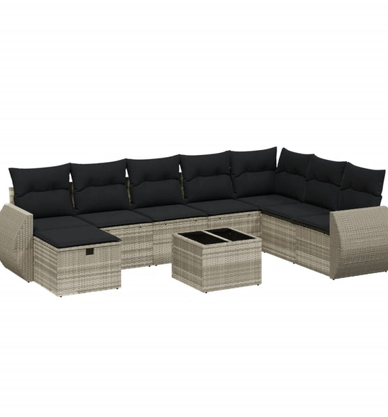 9-tlg. Garten-Sofagarnitur mit Kissen Hellgrau Poly Rattan