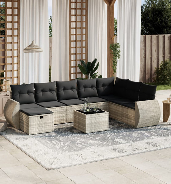 9-tlg. Garten-Sofagarnitur mit Kissen Hellgrau Poly Rattan