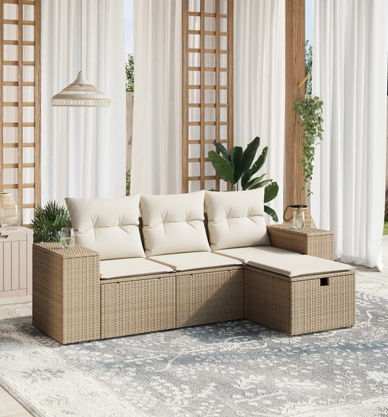 4-tlg. Garten-Sofagarnitur mit Kissen Beige Poly Rattan