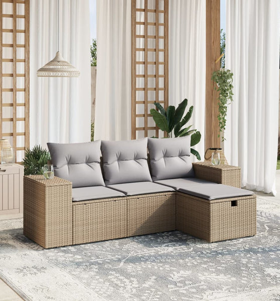 4-tlg. Garten-Sofagarnitur mit Kissen Beigemischung Poly Rattan