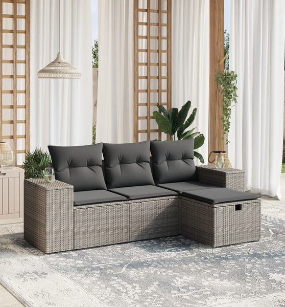 4-tlg. Garten-Sofagarnitur mit Kissen Grau Poly Rattan