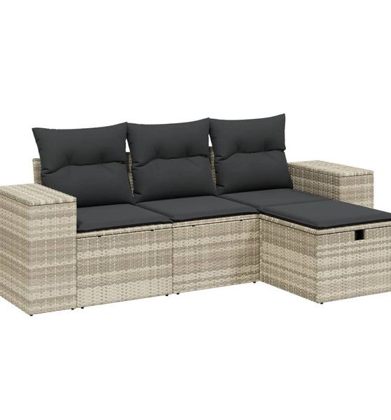 4-tlg. Garten-Sofagarnitur mit Kissen Hellgrau Poly Rattan