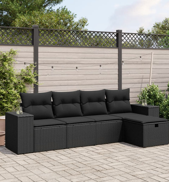 5-tlg. Garten-Sofagarnitur mit Kissen Schwarz Poly Rattan