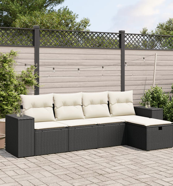 5-tlg. Garten-Sofagarnitur mit Kissen Schwarz Poly Rattan