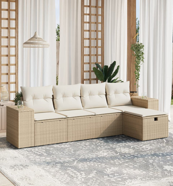5-tlg. Garten-Sofagarnitur mit Kissen Beige Poly Rattan