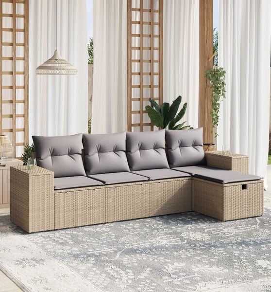5-tlg. Garten-Sofagarnitur mit Kissen Beige Poly Rattan
