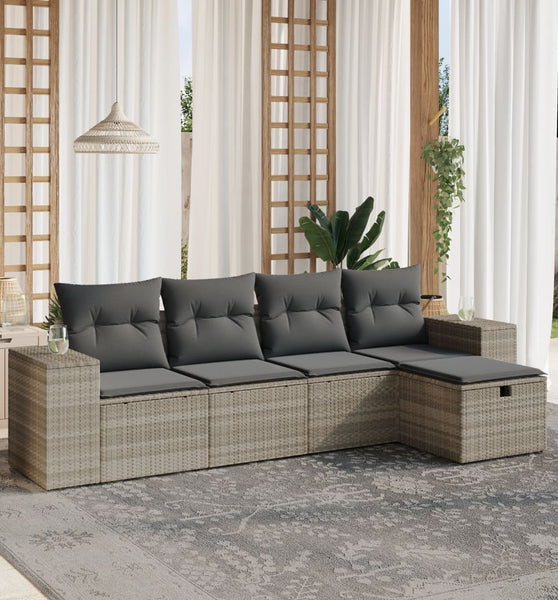 5-tlg. Garten-Sofagarnitur mit Kissen Hellgrau Poly Rattan