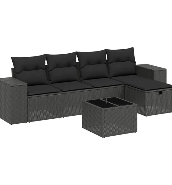 6-tlg. Garten-Sofagarnitur mit Kissen Schwarz Poly Rattan
