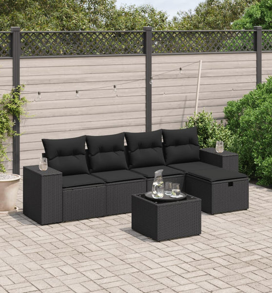 6-tlg. Garten-Sofagarnitur mit Kissen Schwarz Poly Rattan