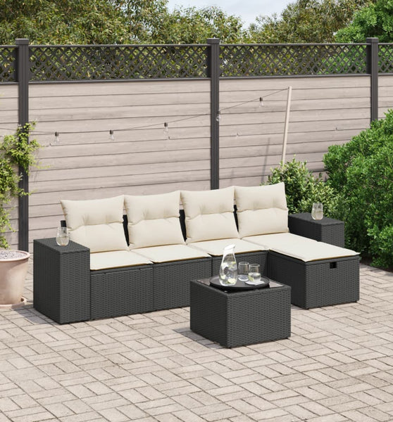 6-tlg. Garten-Sofagarnitur mit Kissen Schwarz Poly Rattan