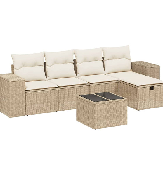 6-tlg. Garten-Sofagarnitur mit Kissen Beige Poly Rattan