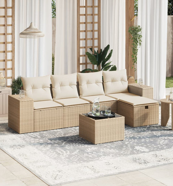 6-tlg. Garten-Sofagarnitur mit Kissen Beige Poly Rattan