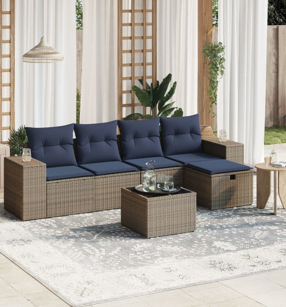 6-tlg. Garten-Sofagarnitur mit Kissen Grau Poly Rattan