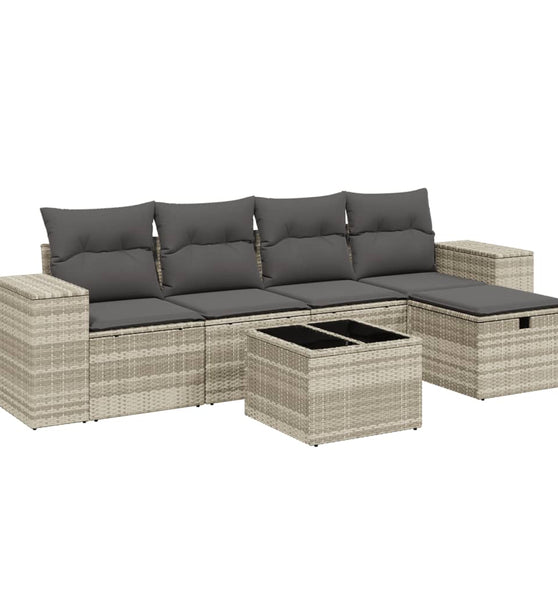 6-tlg. Garten-Sofagarnitur mit Kissen Hellgrau Poly Rattan