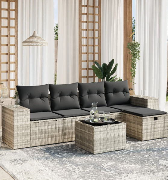 6-tlg. Garten-Sofagarnitur mit Kissen Hellgrau Poly Rattan