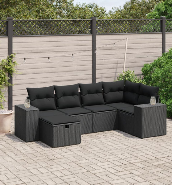 6-tlg. Garten-Sofagarnitur mit Kissen Schwarz Poly Rattan