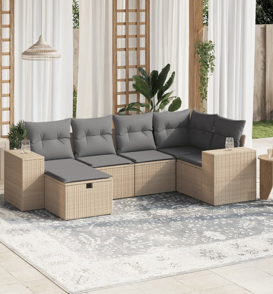 6-tlg. Garten-Sofagarnitur mit Kissen Beige Poly Rattan