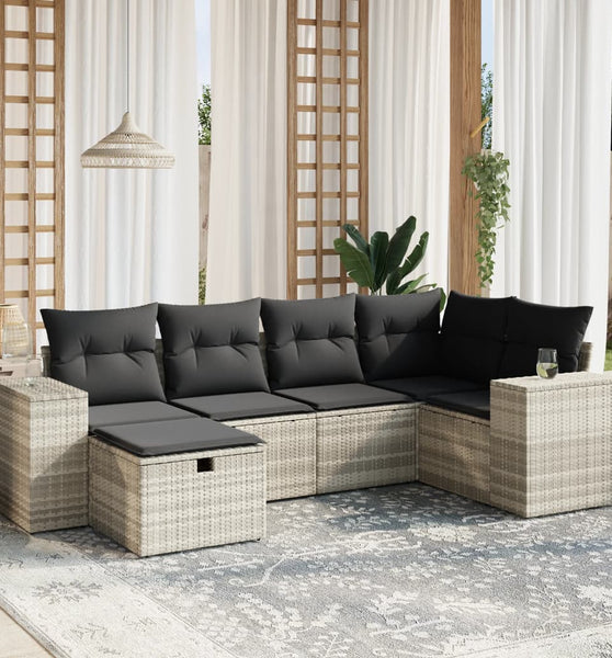 6-tlg. Garten-Sofagarnitur mit Kissen Hellgrau Poly Rattan