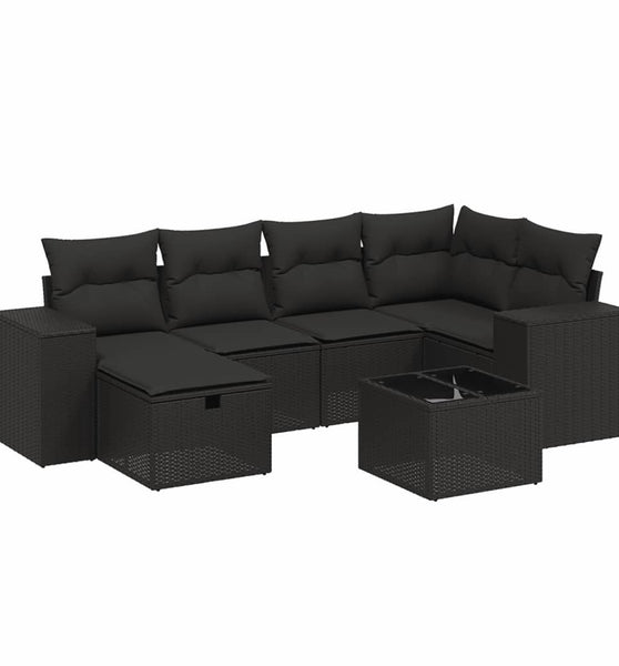 7-tlg. Garten-Sofagarnitur mit Kissen Schwarz Poly Rattan