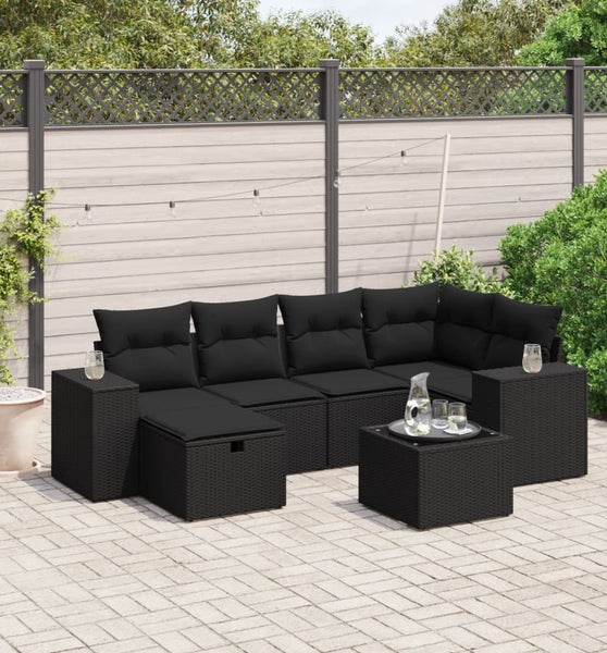 7-tlg. Garten-Sofagarnitur mit Kissen Schwarz Poly Rattan