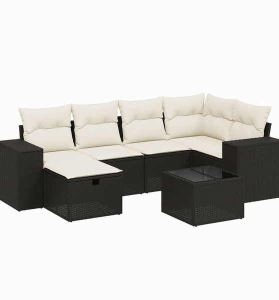 7-tlg. Garten-Sofagarnitur mit Kissen Schwarz Poly Rattan