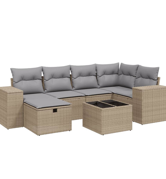 7-tlg. Garten-Sofagarnitur mit Kissen Beige Poly Rattan