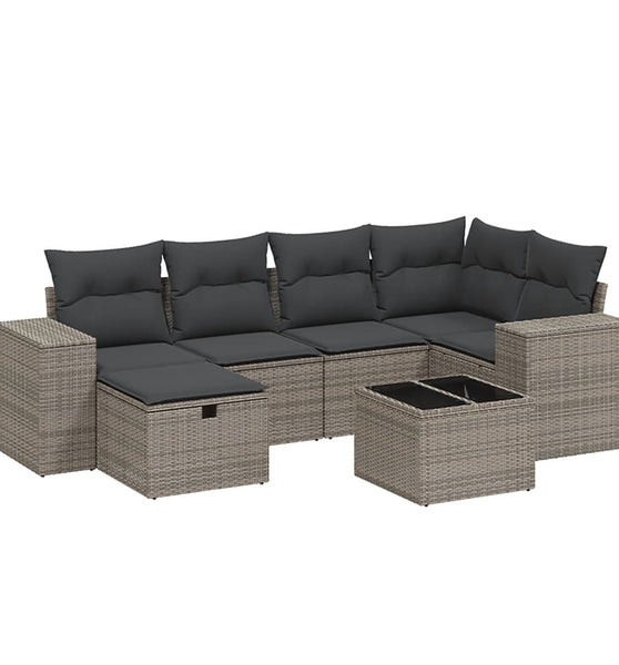 7-tlg. Garten-Sofagarnitur mit Kissen Grau Poly Rattan